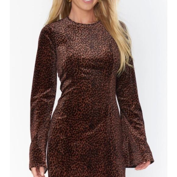 Show Me Your Mumu Leopard Velvet Bell Sleeve Dress Brown Animal Print M boho - Picture 1 of 7